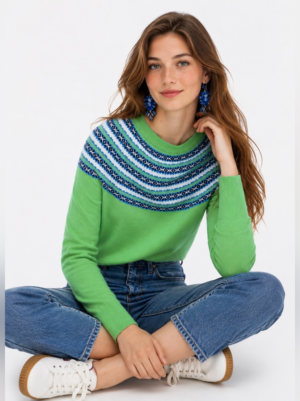J.Crew 100% Cashmere Fair Isle Sweater Green Blue Nordic Print Size M